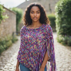 VINTAGE HANDMADE Ribbon Weave Woven Shawl Cocoon Poncho Top Ombre Purple Y2K